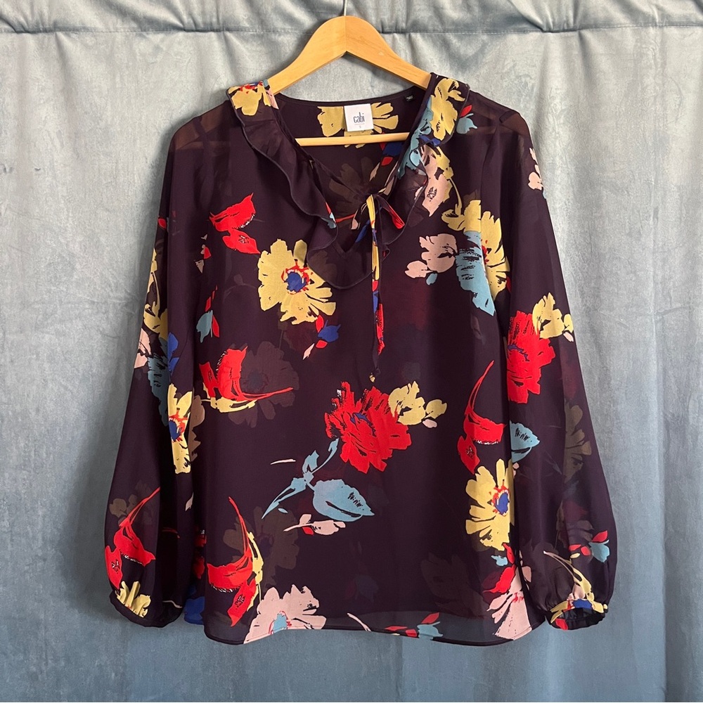 CAbi Juliet Blouse Style 3859 Floral Print Women Plum Top Sheer Ruffle Collar S - Picture 3 of 13